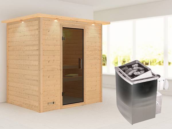 Karibu Woodfeeling Sauna Sonja - Moderne Saunatür - 4,5 kW Ofen integr. Strg. - mit Dachkranz