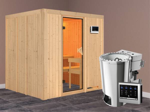 Daria - Karibu Sauna Plug &amp; Play inkl. 3,6 kW-Bioofen - ohne Dachkranz -