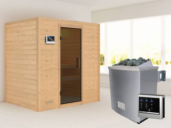 Karibu Woodfeeling Sauna Sonja - Moderne Saunatür - 4,5 kW Ofen ext. Strg. - ohne Dachkranz