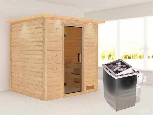 Karibu Woodfeeling Sauna Anja - Moderne Saunatür - 4,5 kW Ofen integr. Strg. - mit Dachkranz