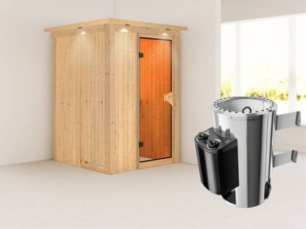 Lenja - Karibu Sauna Plug & Play inkl. 3,6 kW-Ofen - mit Dachkranz - Lenja - Karibu Sauna Plug & Play inkl. 3,6 kW-Ofen - mit Dachkranz -