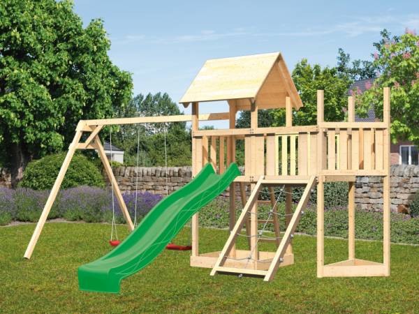 Akubi Spielturm Lotti Satteldach + Schiffsanbau oben + Anbauplattform + Doppelschaukel + Netzrampe + Rutsche in grün