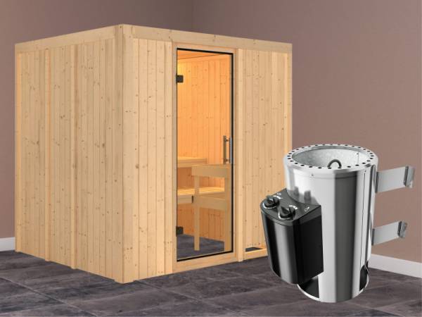 Daria - Karibu Sauna Plug &amp; Play 3,6 kW Ofen, int. Steuerung - ohne Dachkranz - Klarglas Ganzglastür