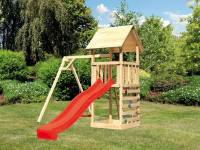 Akubi Spielturm Lotti mit Einzelschaukel, Kletterwand und Rutsche rot