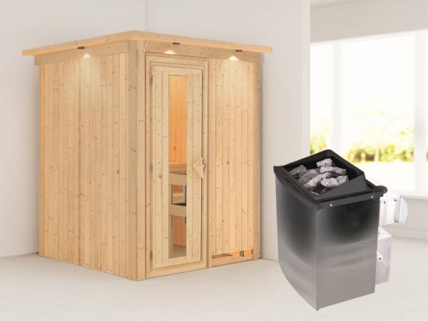 Karibu Sauna Norin- energiesparende Saunatür- 4,5 kW Ofen integr. Strg- mit Dachkranz