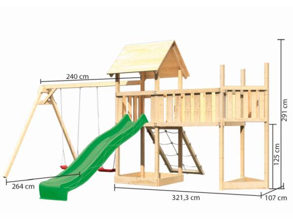 Akubi Spielturm Lotti Satteldach + Schiffsanbau oben + Doppelschaukel + Anbauplattform XL + Netzrampe + Rutsche in grün