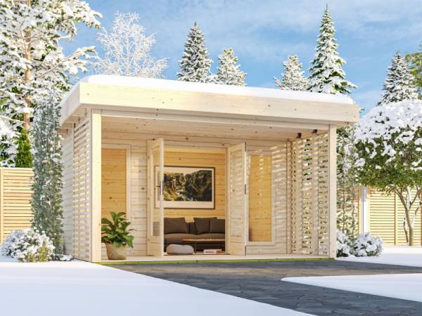 Karibu Gartenhaus Chione, natur 38 mm, inkl. überdachter Terrasse