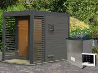 Karibu Hybrid Saunahaus Ares 1, terragrau/anthrazit -inkl. 9 kW Ofen ext. Steuerung-