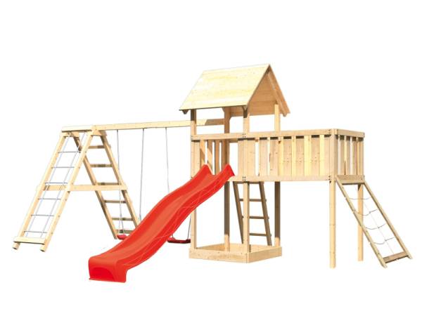 Akubi Spielturm Lotti Satteldach + Rutsche rot + Doppelschaukel Klettergerüst + Anbauplattform XL + Netzrampe