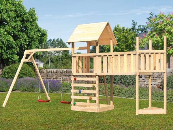Akubi Spielturm Lotti Satteldach + Schiffsanbau oben + Doppelschaukel + Anbauplattform XL + Kletterwand
