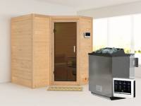 Karibu Sauna Sahib 1 inkl. 9 kW Bioofen ext. Steuerung, mit moderner Saunatür -ohne Dachkranz-