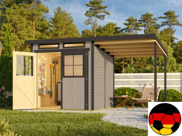 EM Aktion für UNGARN - Karibu EM Aktionshaus Saskia 1 wassergrau/anthrazit mit Anbaudach