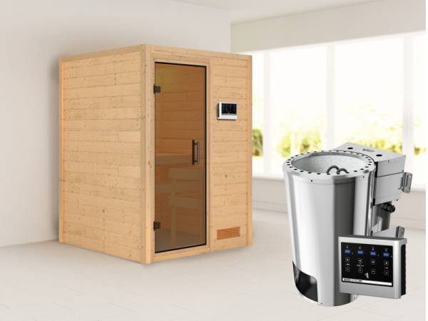 Nadja - Karibu Sauna Plug &amp; Play 3,6 kW Bio Ofen, ext. Steuerung - ohne Dachkranz - Moderne Saunatür